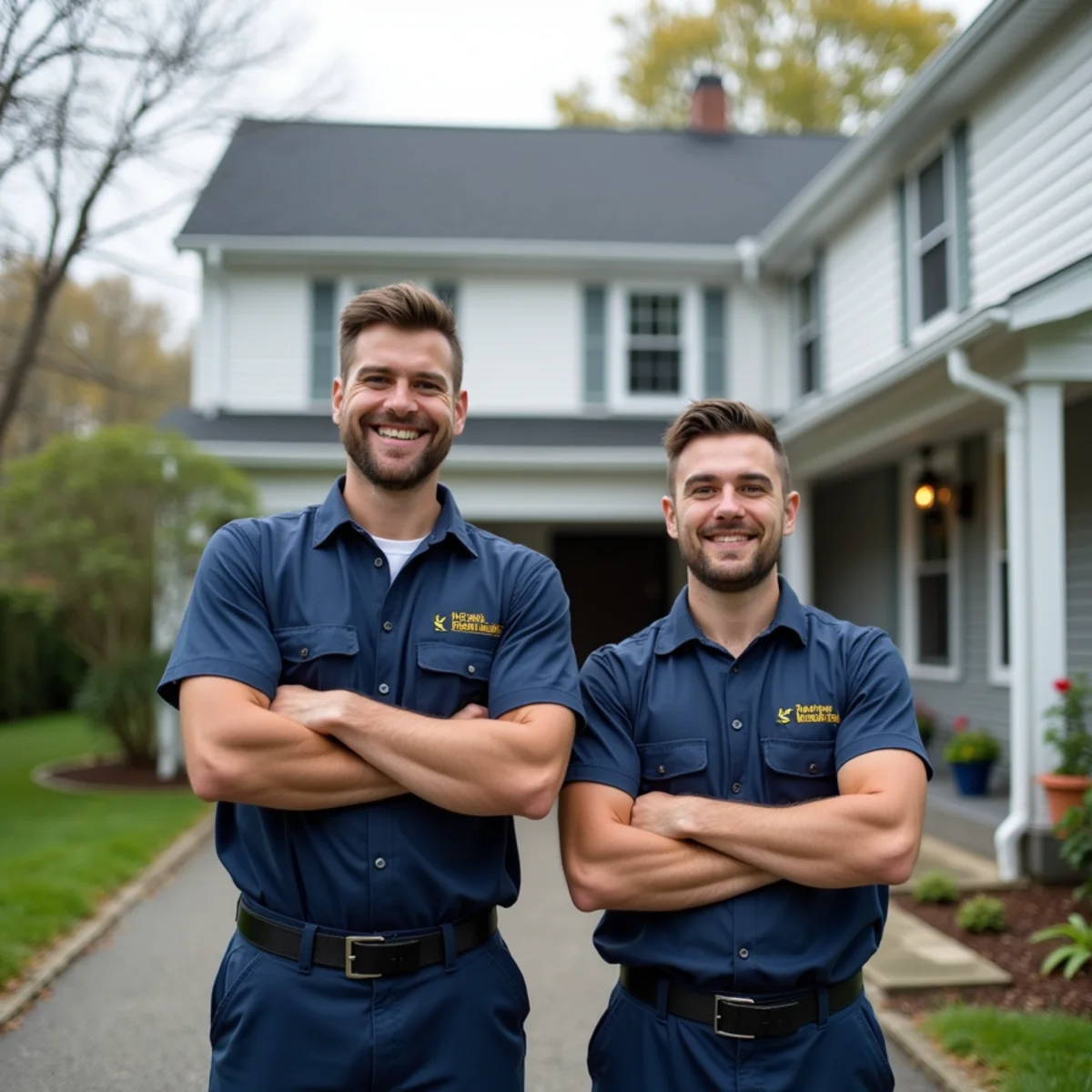 Craft Bros crew with soft-wash equipment beside a clean New England home.