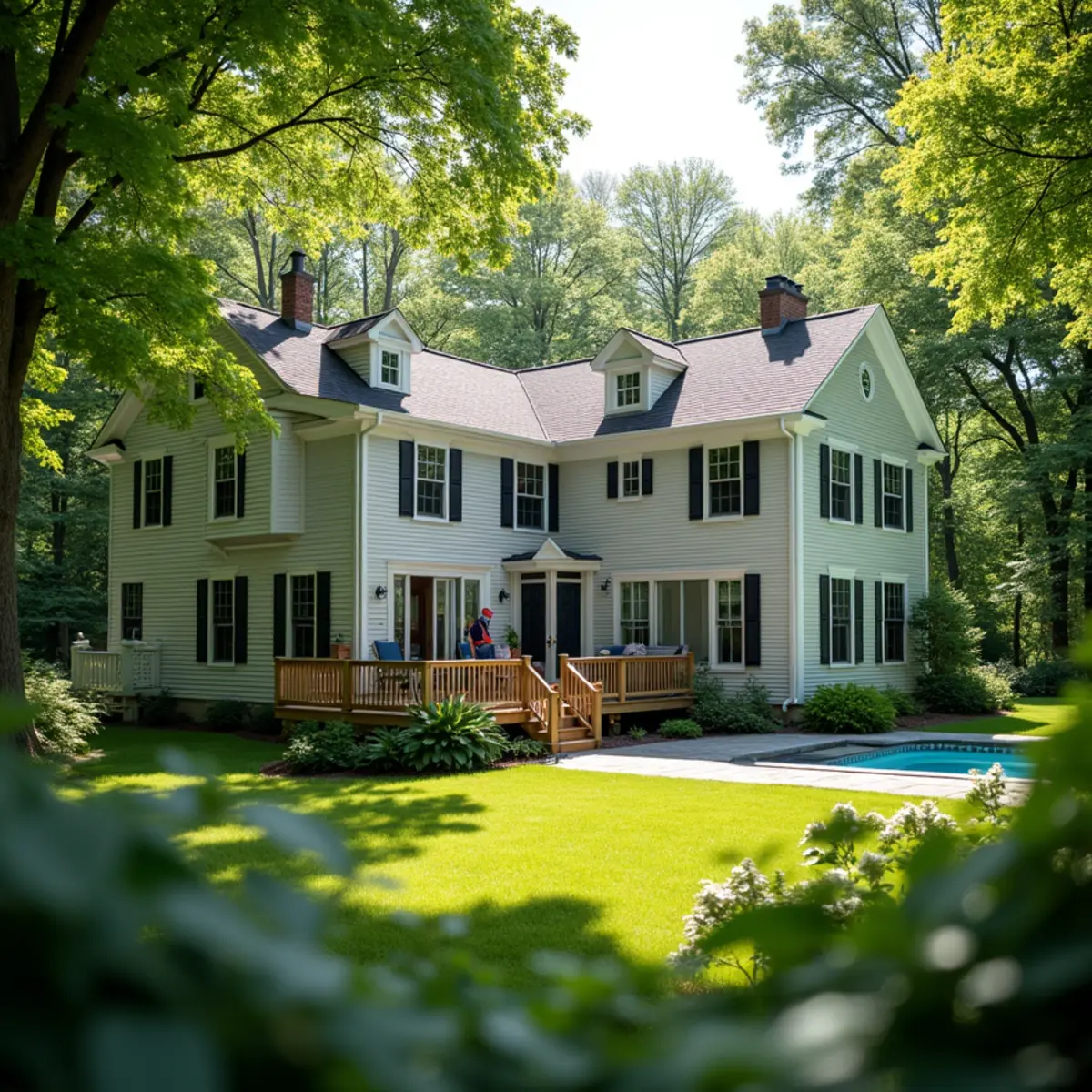 Agawam suburban home with a clean deck and pool surround among shaded, wooded lots.