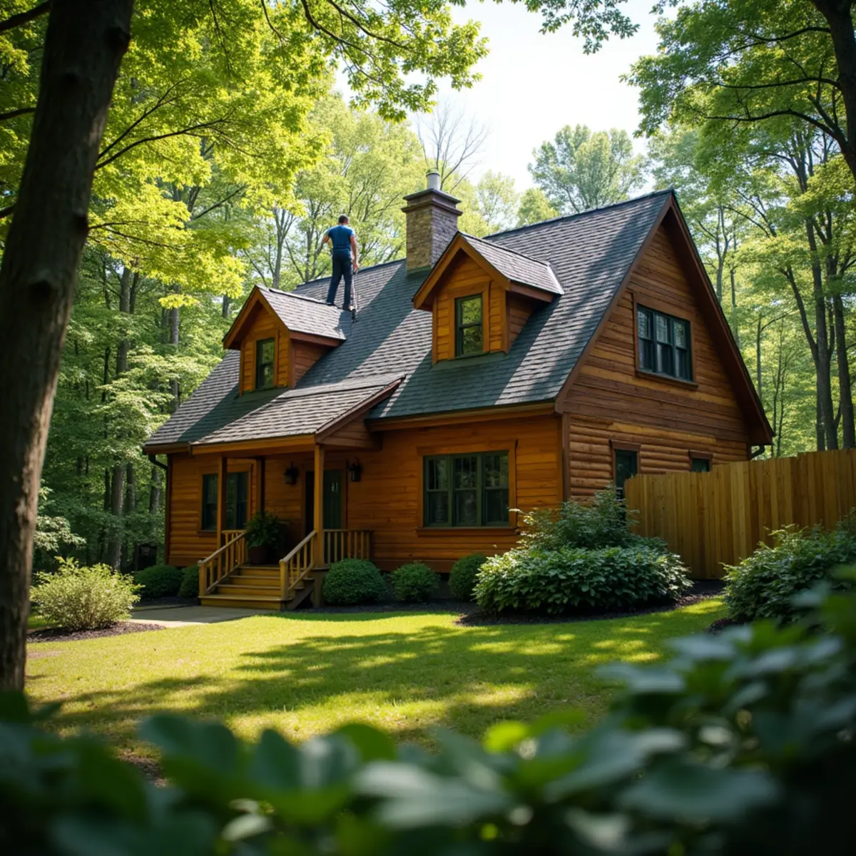 Wooded Hampden home with cedar siding and a fence, freshly soft washed.