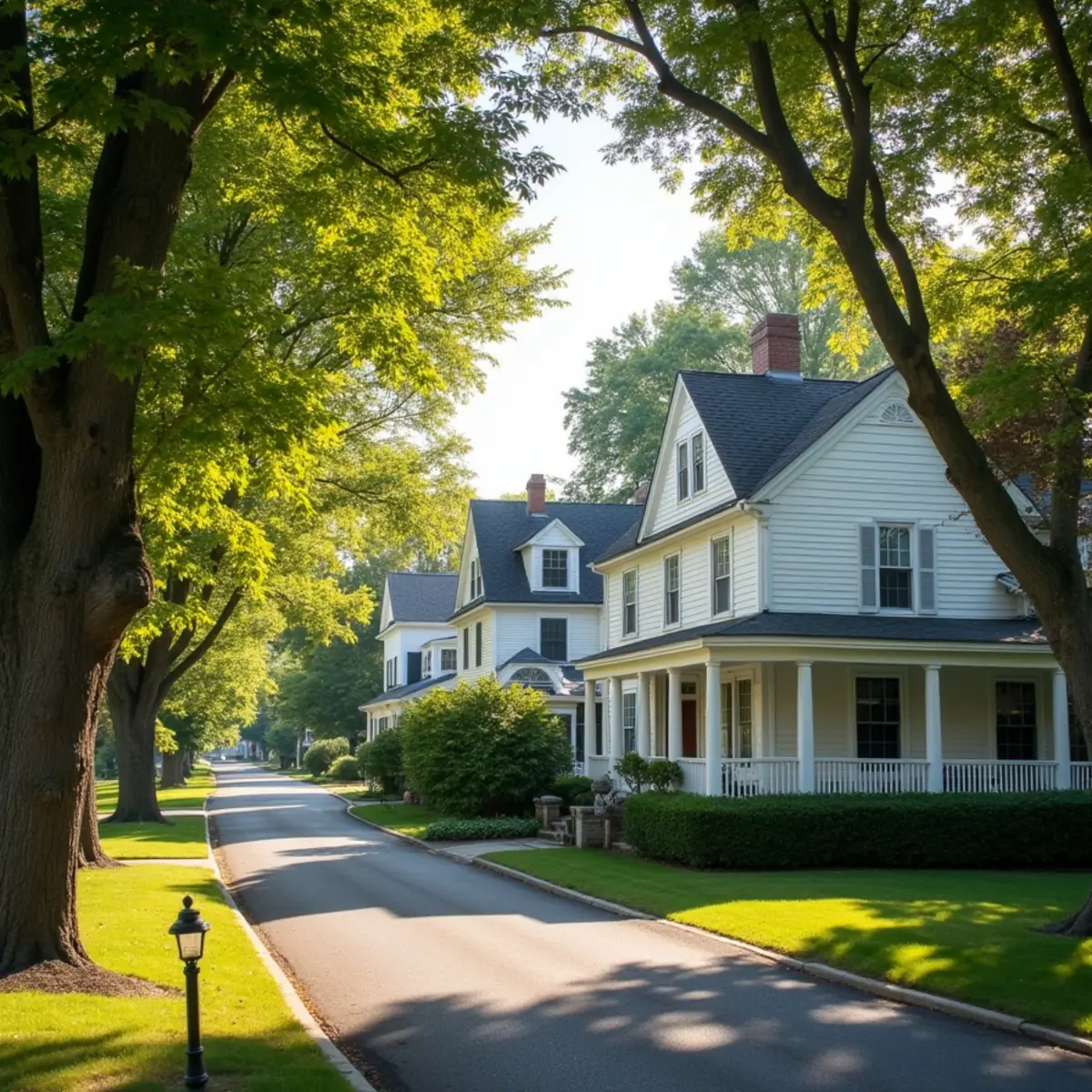 Stately tree-lined Longmeadow street with classic Colonial homes on landscaped lots.