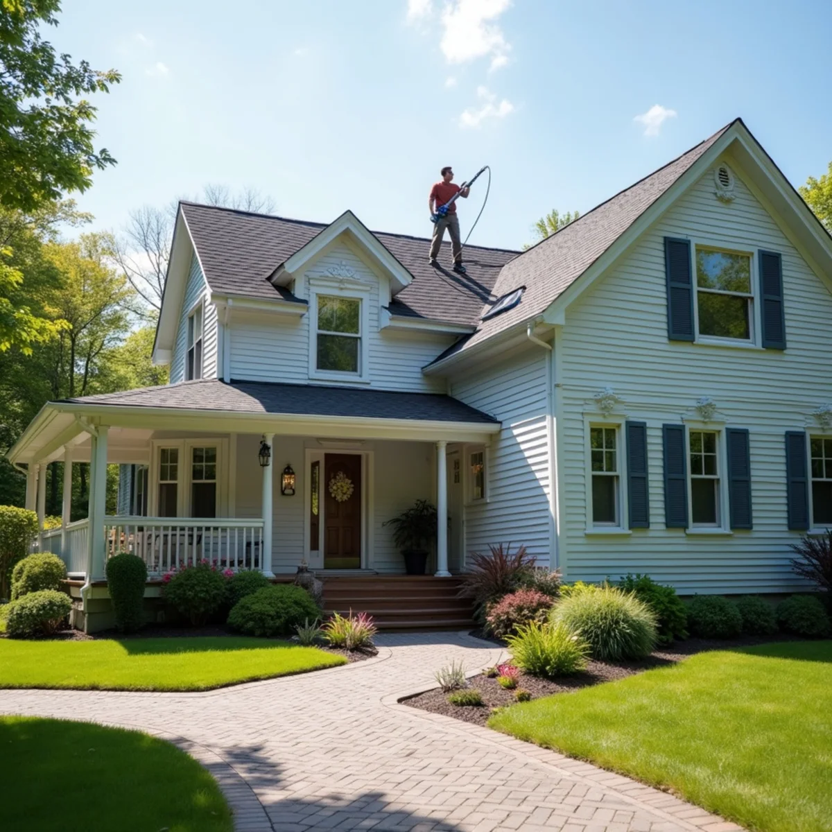 Ludlow, MA home with freshly soft-washed siding, a clean deck, and a spotless concrete driveway under mature shade trees.
