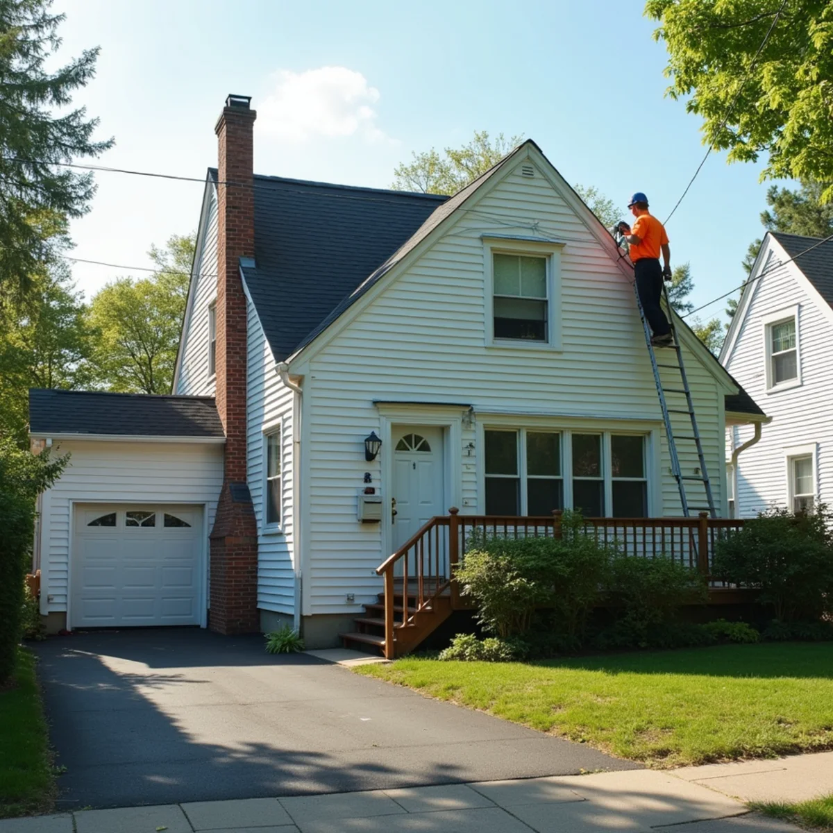 Palmer, MA residential home with freshly cleaned siding, a wood deck, and a concrete driveway in a tree-lined river-valley setting.