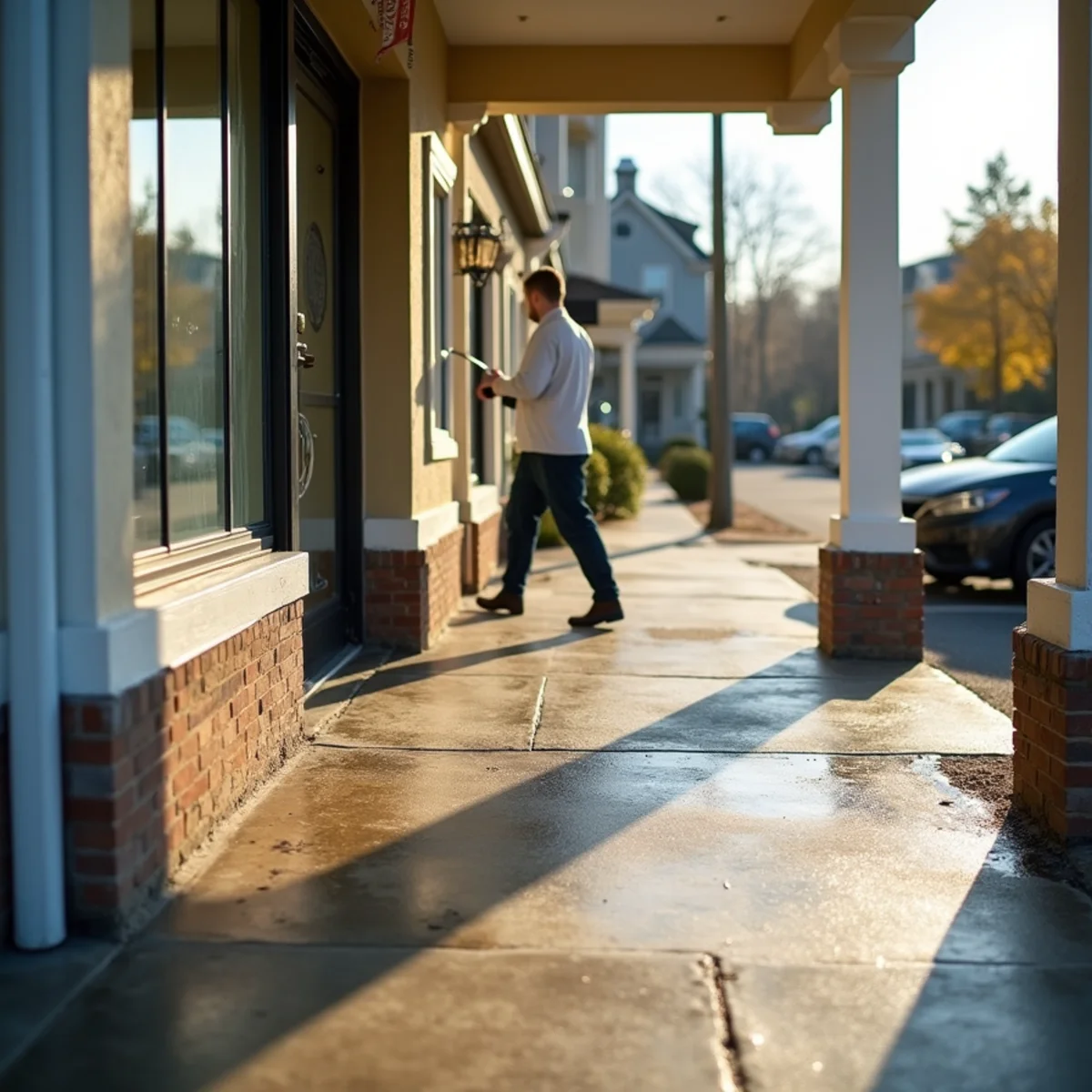 Before: Cleaning a commercial storefront entrance and pedestrian walkway in morning light.