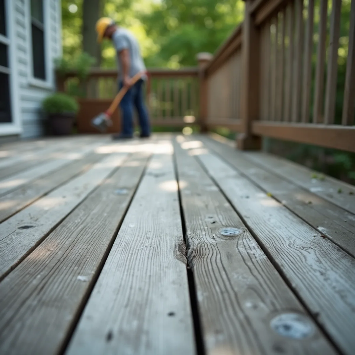 Before: Wood deck and cedar fence being gently soft washed at low pressure to lift grey weathering and mildew.