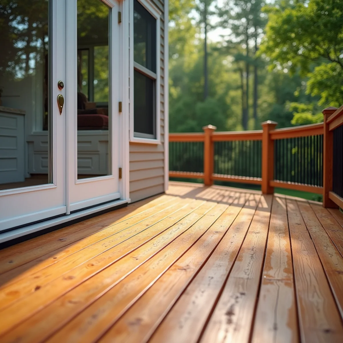 After: Wood deck and cedar fence being gently soft washed at low pressure to lift grey weathering and mildew.