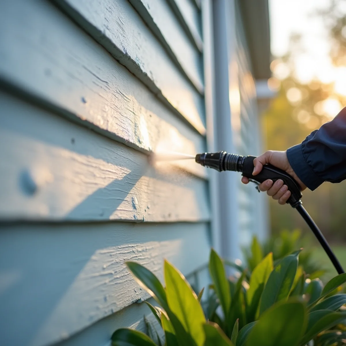 Soft-wash nozzle applying gentle low-pressure solution to delicate painted siding.