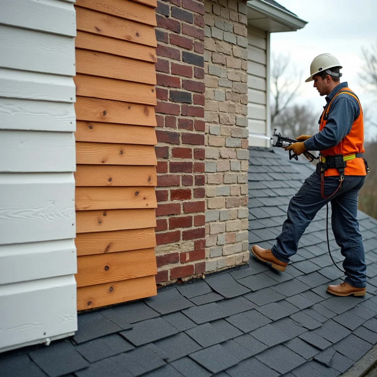 Common exterior surfaces shown side by side: vinyl siding, cedar wood, asphalt shingle, concrete, and brick.
