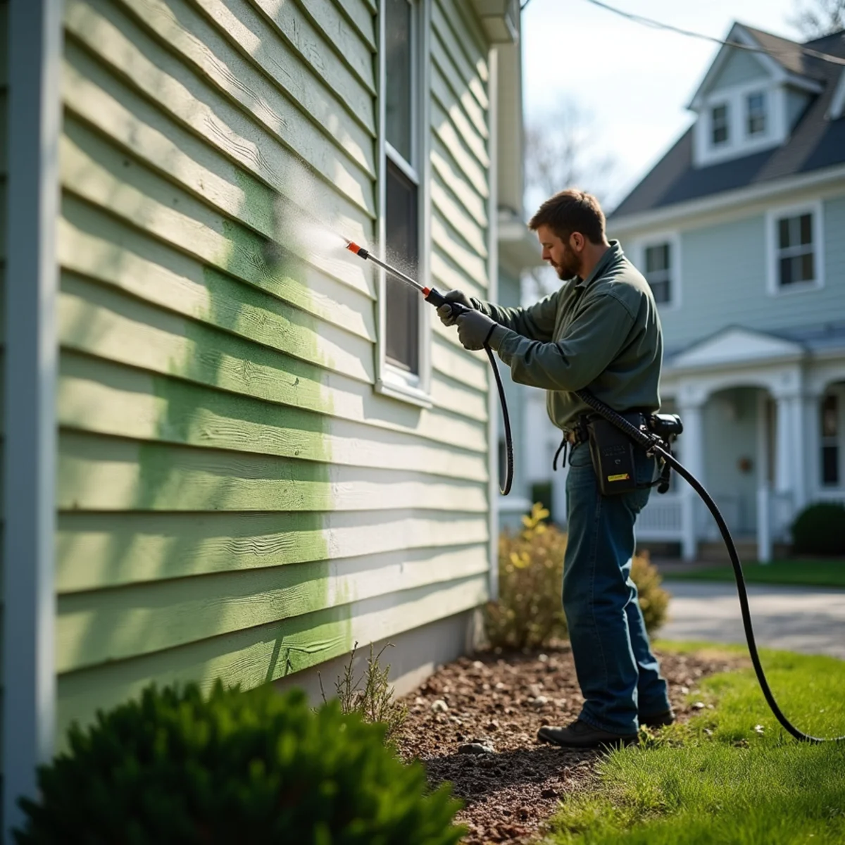 Green algae on the shaded elevation of a home's vinyl siding being cleared with a low-pressure soft wash.