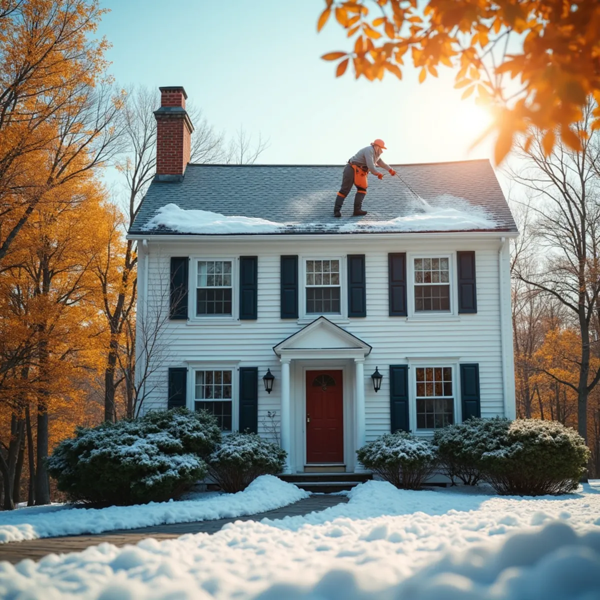 A New England home shown with subtle seasonal cues across the four seasons.
