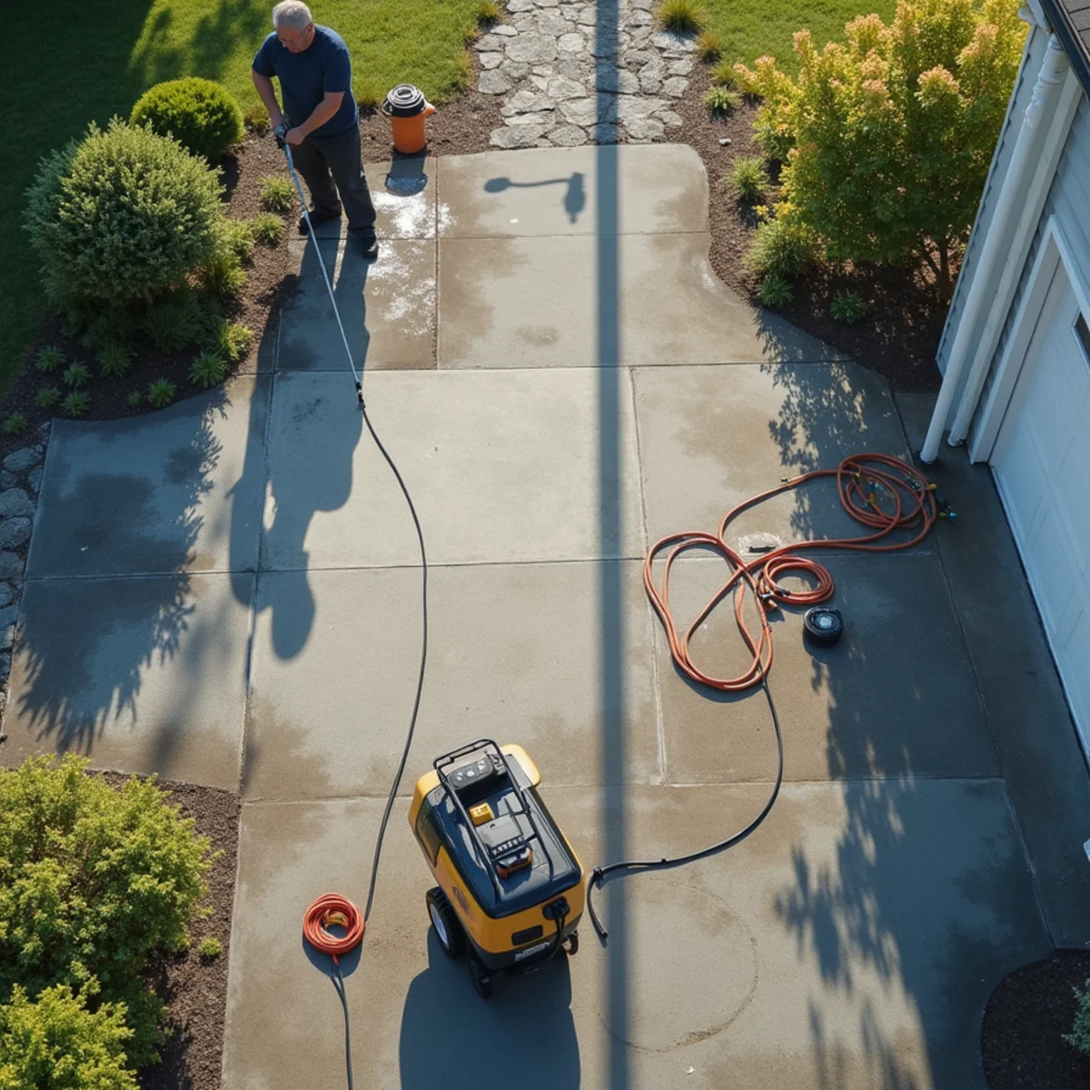 Professional soft-washing and pressure-washing equipment neatly arranged beside a partially cleaned home exterior.