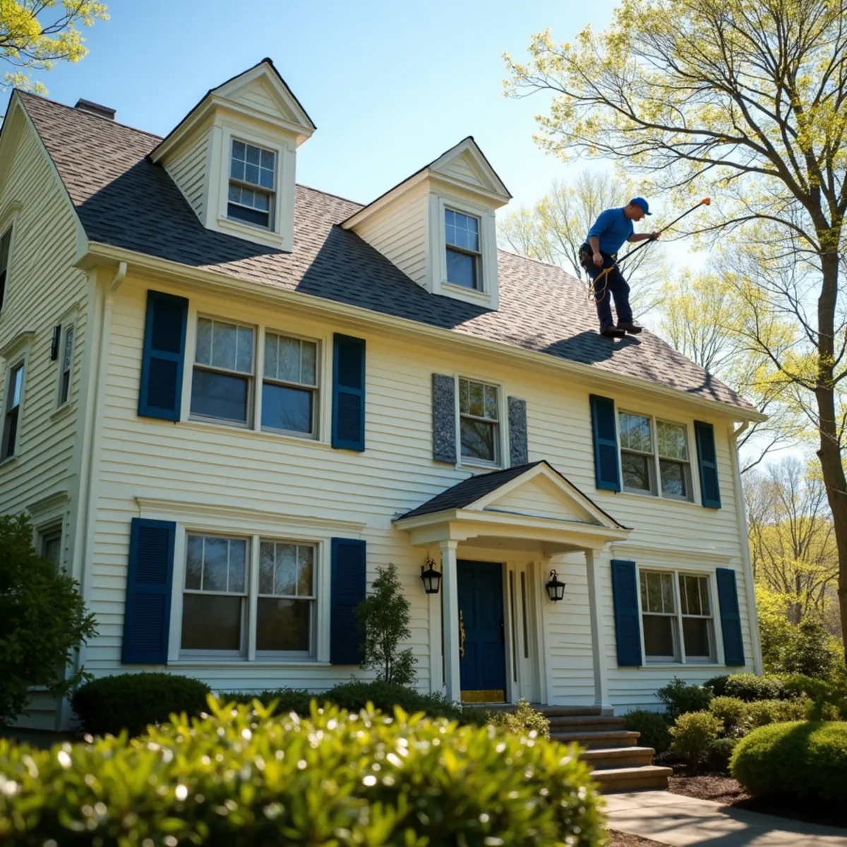 New England home with a faint yellow-green pollen film being cleared by a gentle low-pressure soft wash.