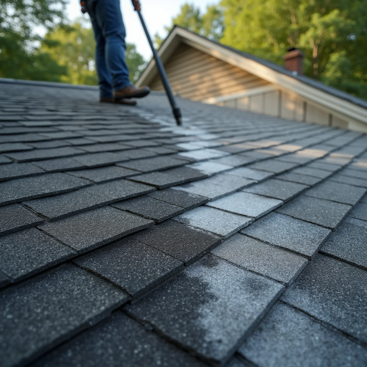 Asphalt-shingle roof with a clear before/after contrast of algae removal.