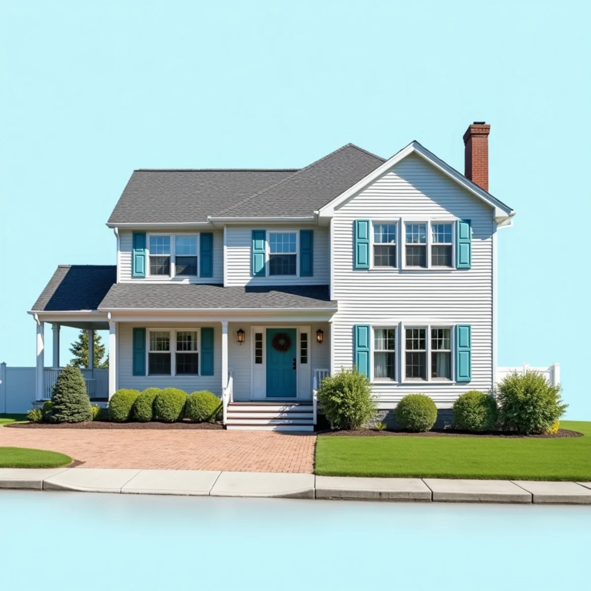 A New England home with its soft-wash zones (roof, siding) and pressure-wash zones (driveway, walkway) labeled.