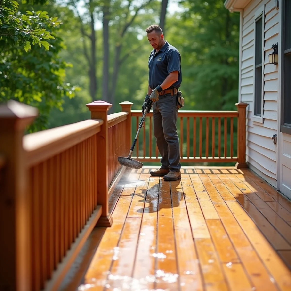 Agawam wood deck restored to a warm natural tone after cleaning.