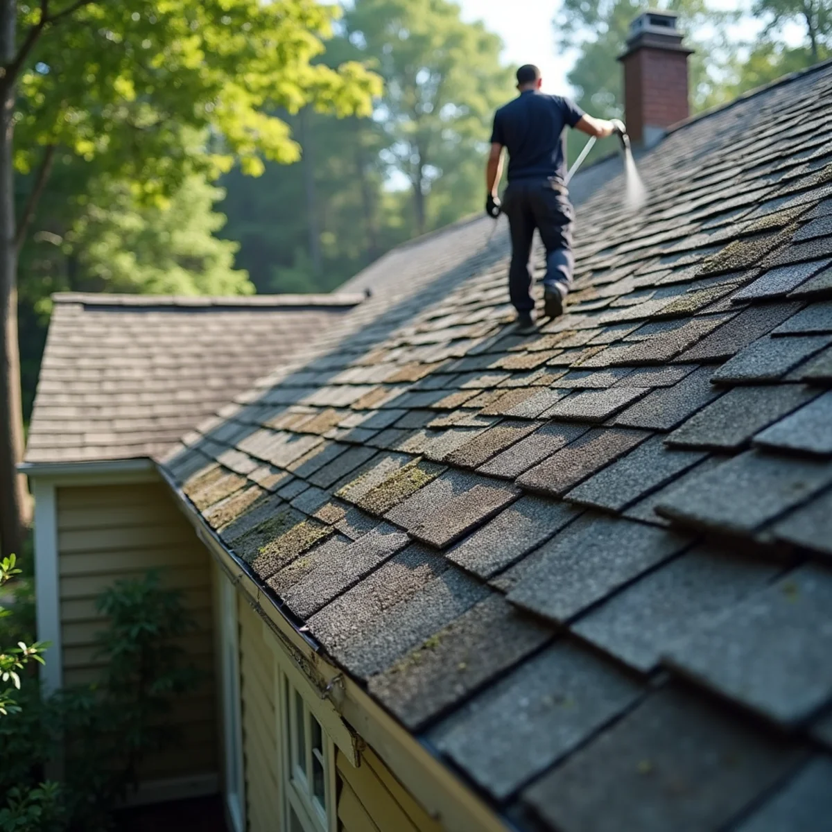 Wilbraham roof after soft washing removed black algae streaks and moss.