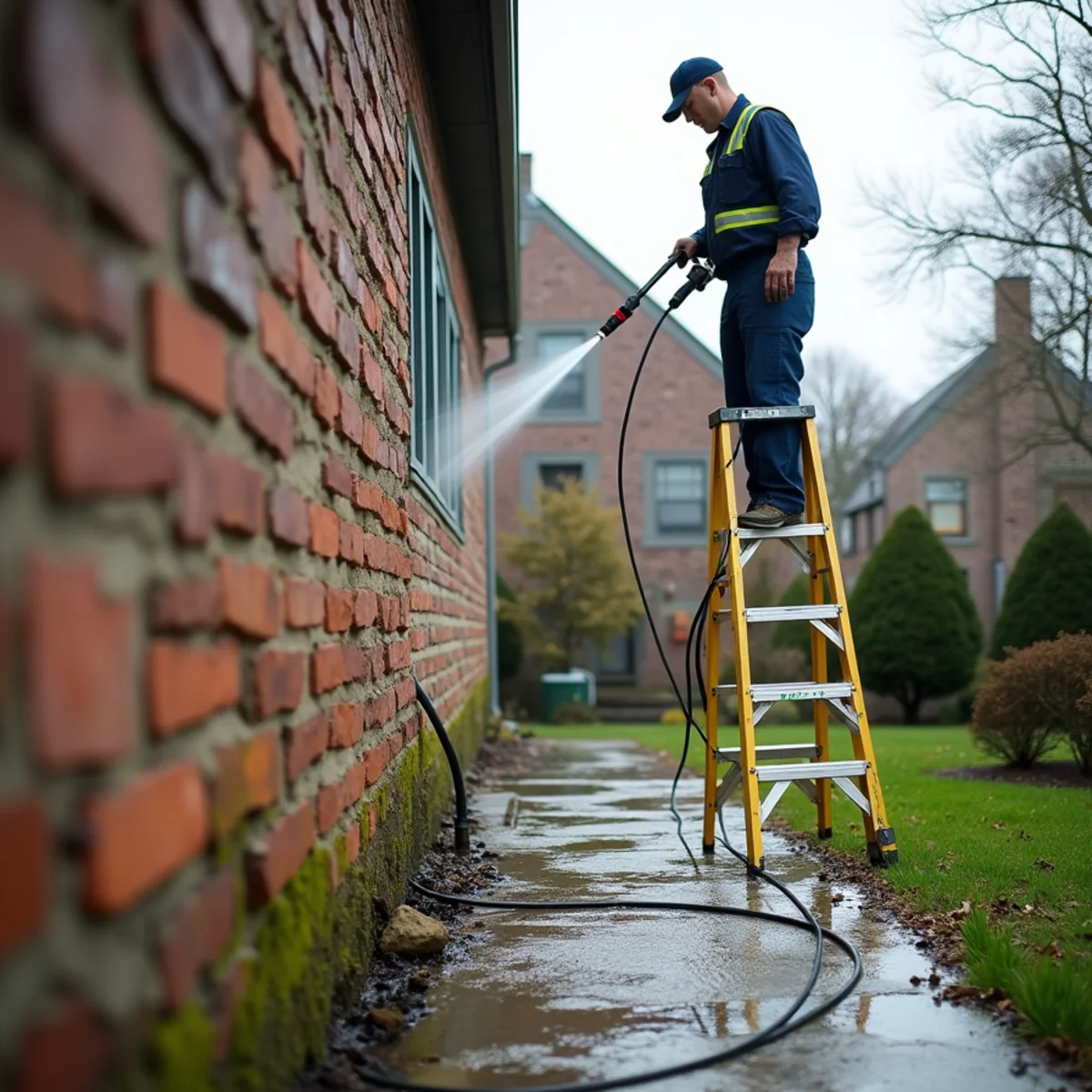 Gentle low-pressure cleaning of an antique brick wall on an older New England home.