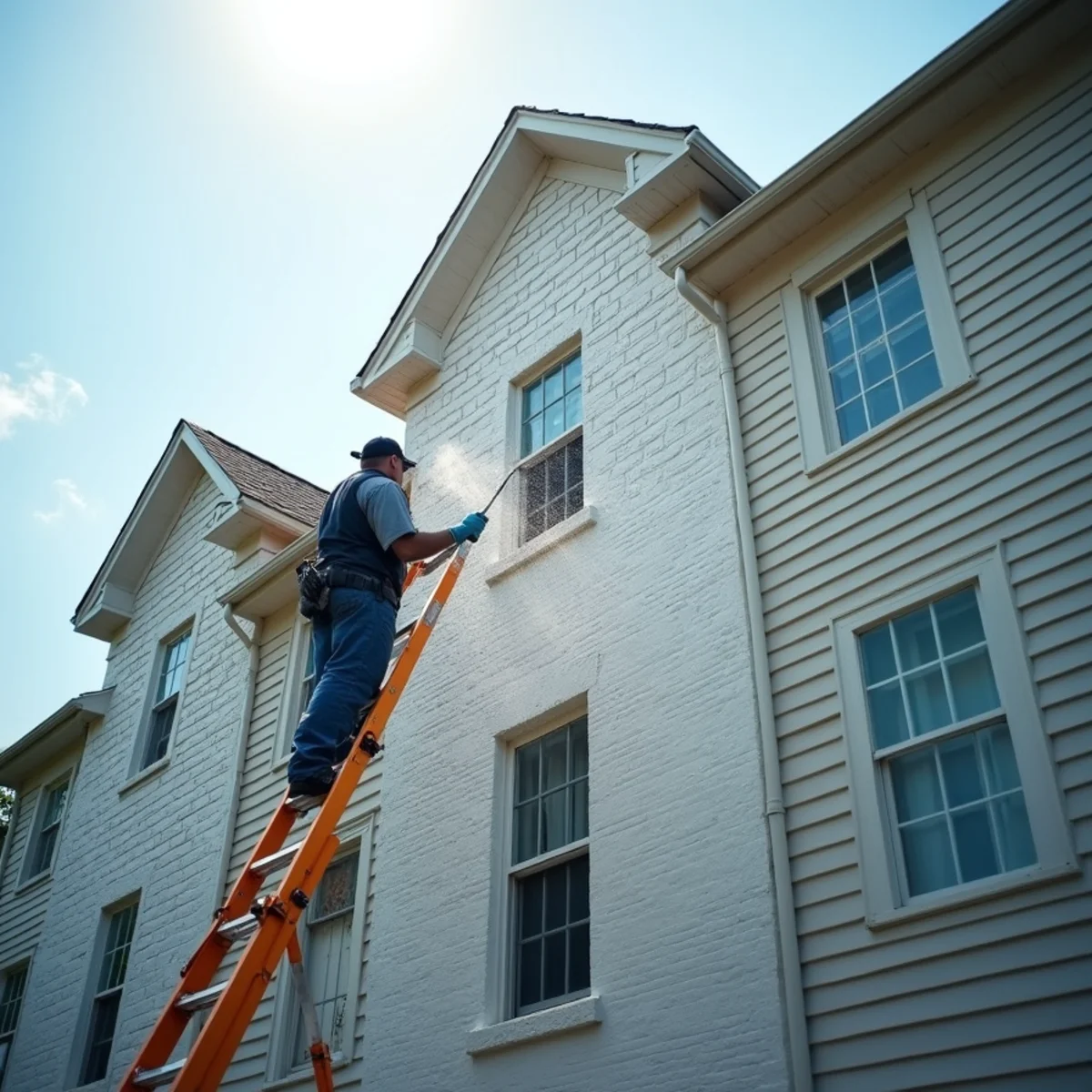 Soft washing the multi-story exterior wall of a low-rise commercial building.