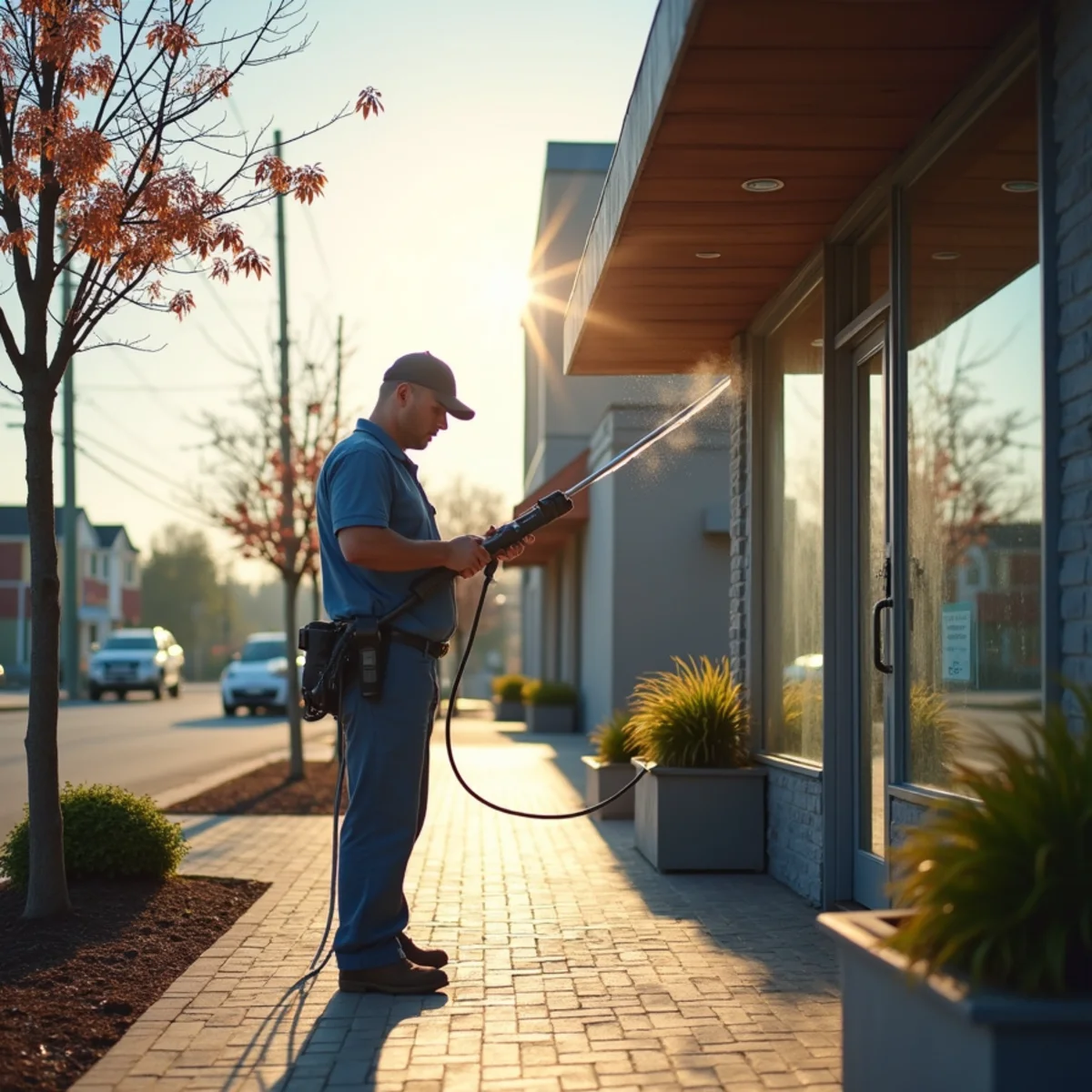 Cleaning a commercial storefront entrance and pedestrian walkway in morning light.