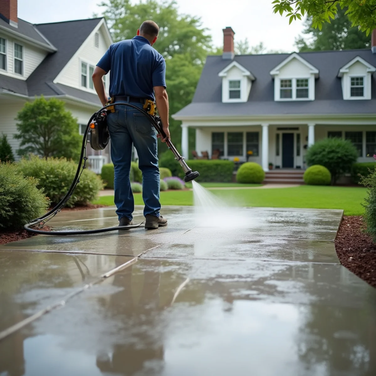 Surface cleaner restoring a large concrete patio slab with a sharp clean line between dingy grey and bright concrete.