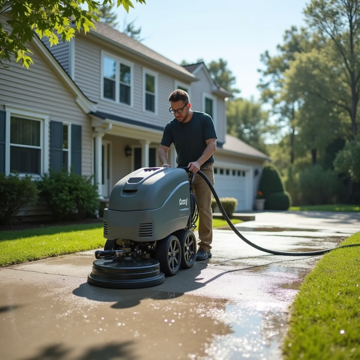 Surface cleaner restoring a concrete driveway with a clear clean-versus-dirty contrast.