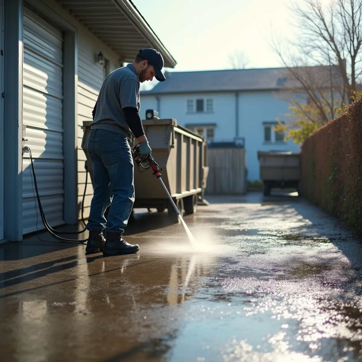 Hot-water degreasing and pressure washing of a concrete commercial dumpster pad and enclosure base behind a building in Hampden County, Massachusetts.