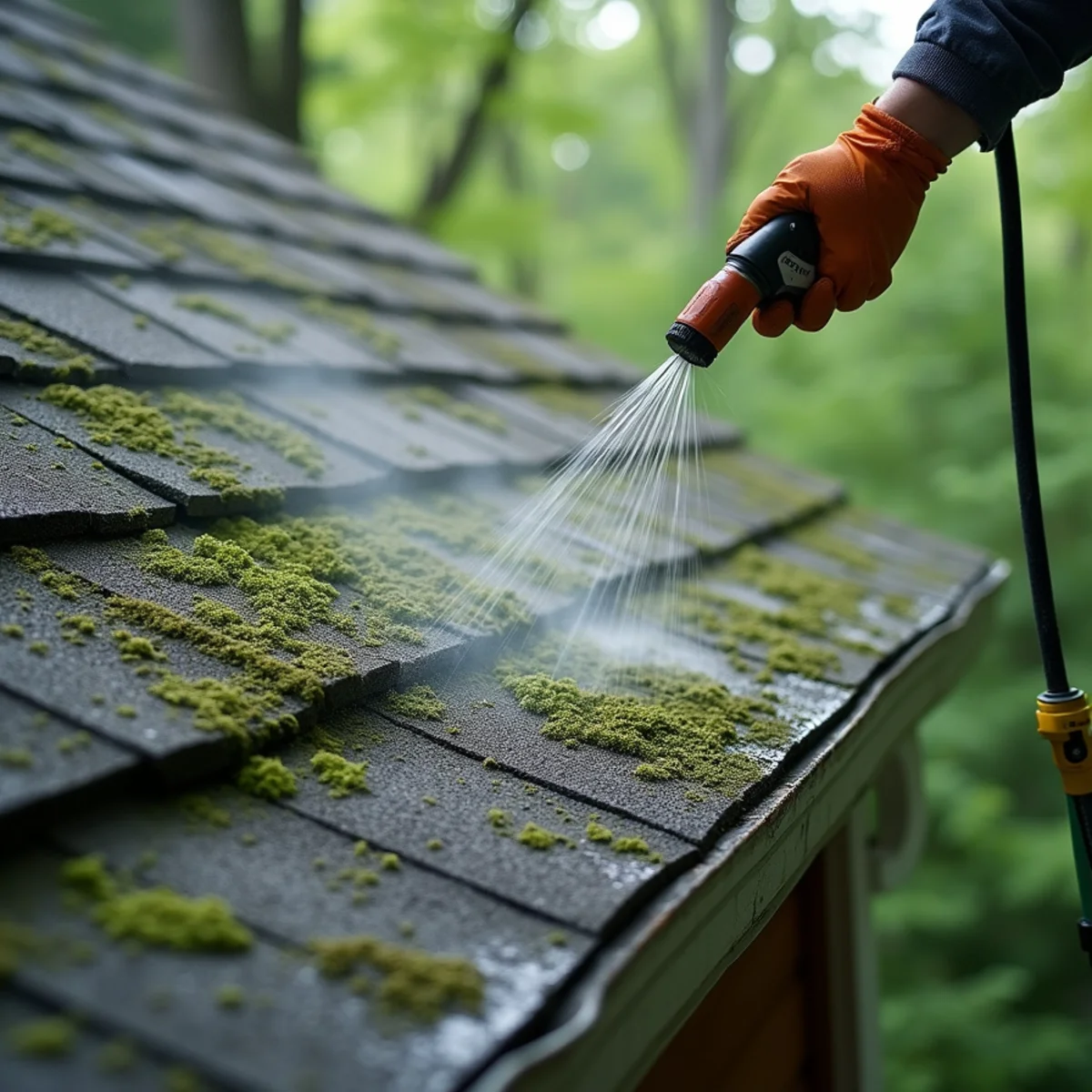 Gently soft washing green moss and mildew from a shaded home exterior.