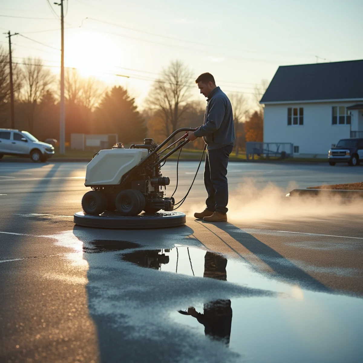 A technician running a rotary surface cleaner across commercial parking-lot concrete in early-morning light.