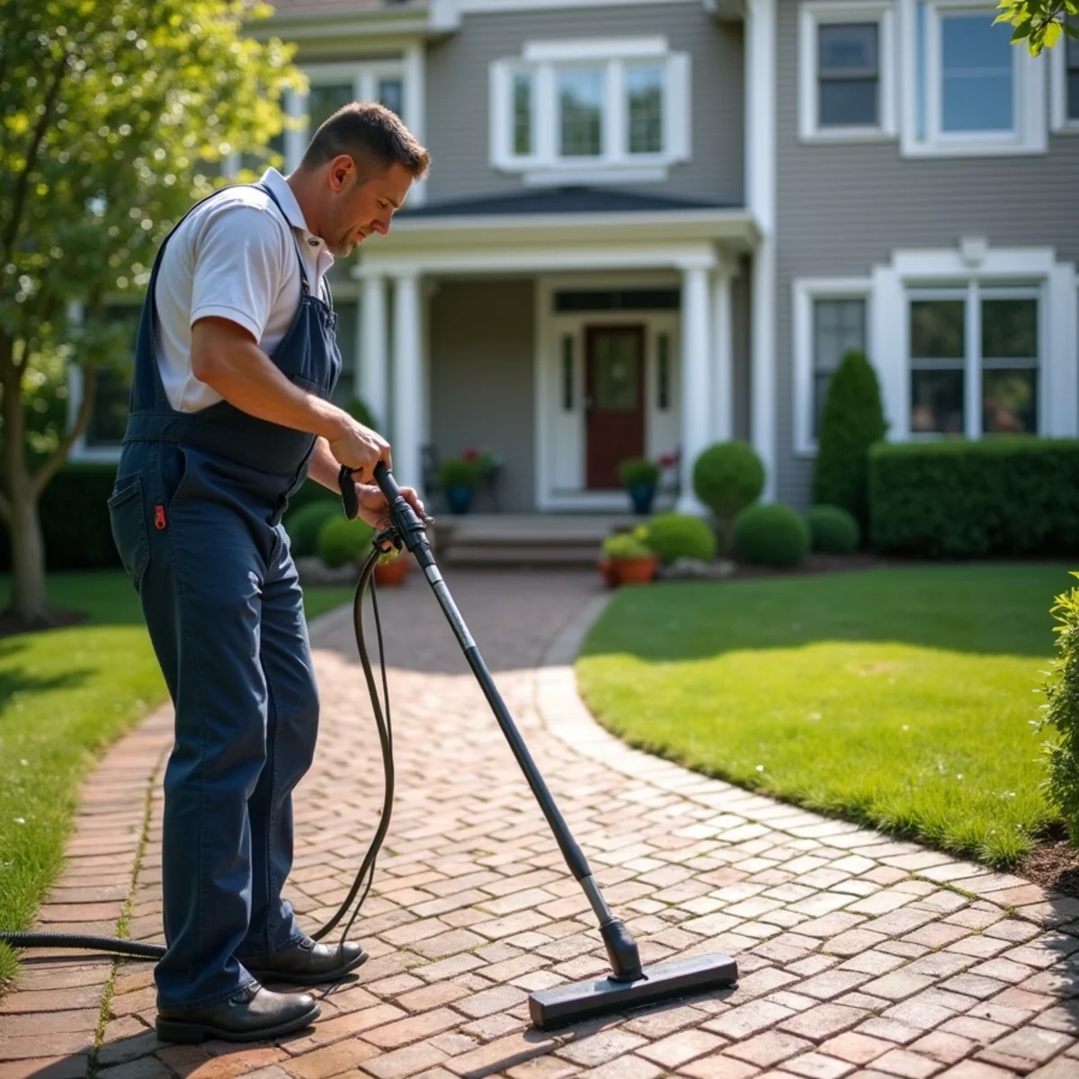 Professional cleaning a paver patio and brick walkway behind a suburban home.