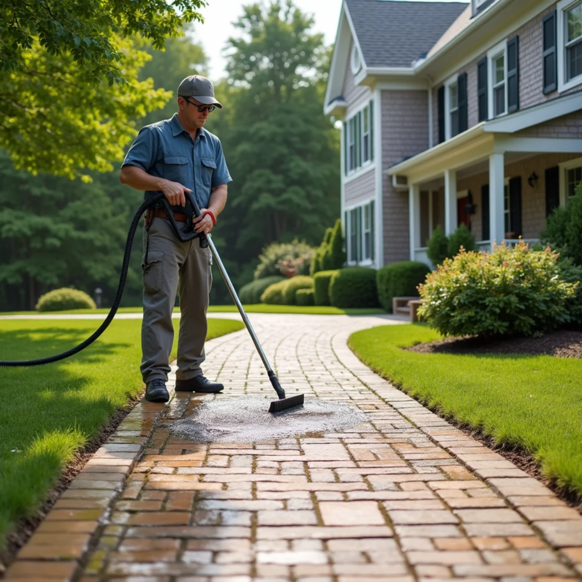 Cleaning an interlocking paver walkway with bright restored pavers and clean joints.