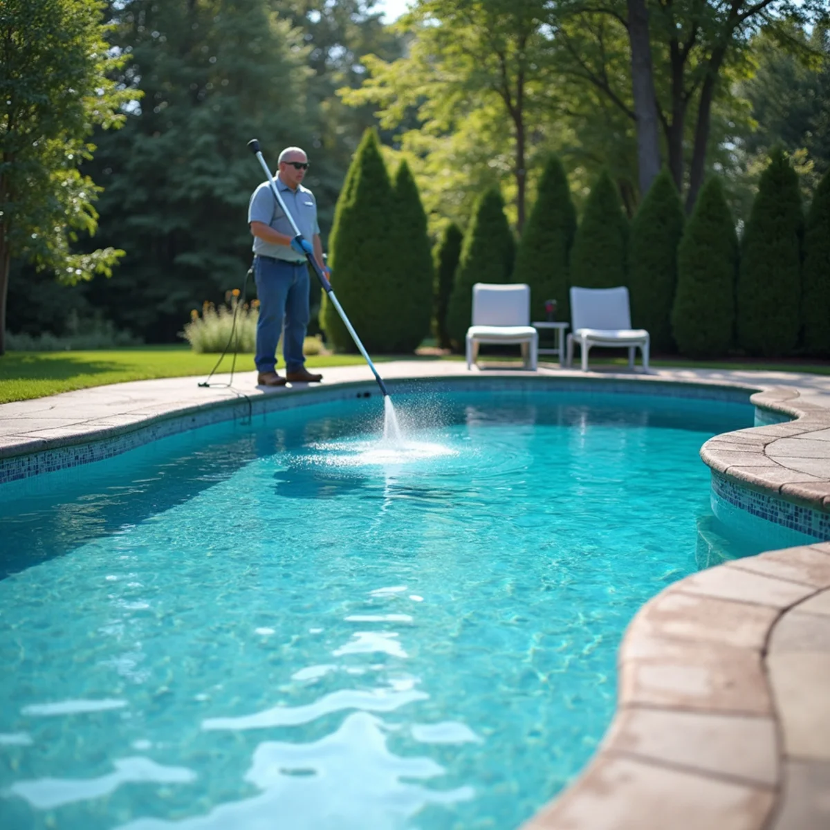 Cleaning a textured concrete pool deck to lift algae and restore a slip-safe surface.