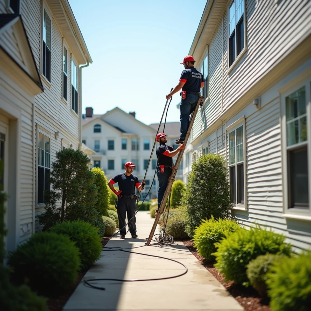 Crew soft washing a multifamily building exterior during a scheduled property-management maintenance visit.