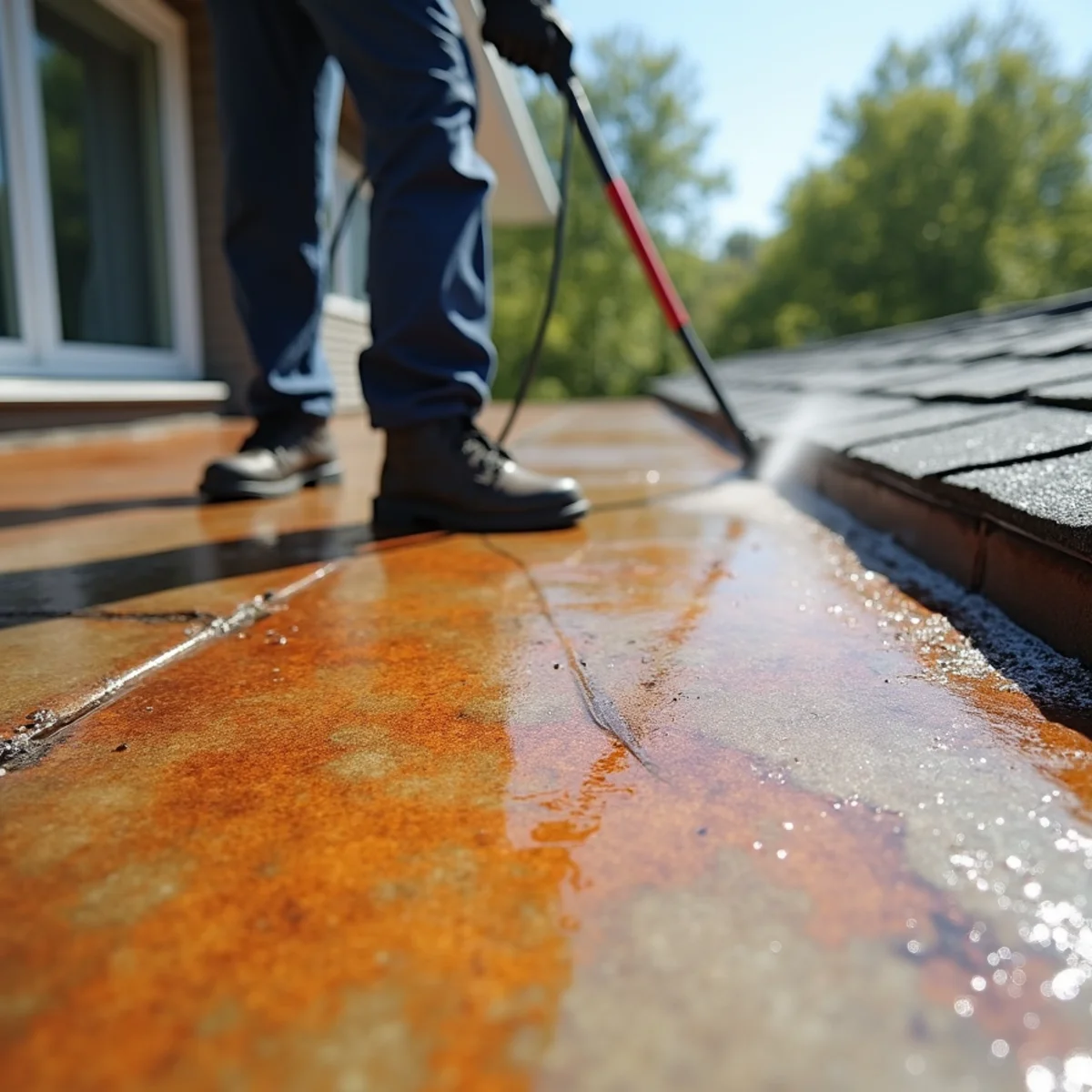 A rust-stained concrete driveway being treated, with the orange staining visibly reduced after application.
