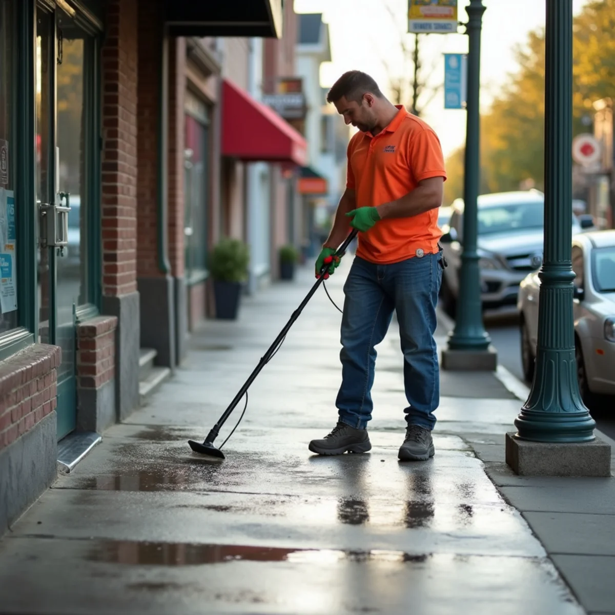 A rotary surface cleaner removing gum spots and traffic film from a commercial concrete sidewalk.