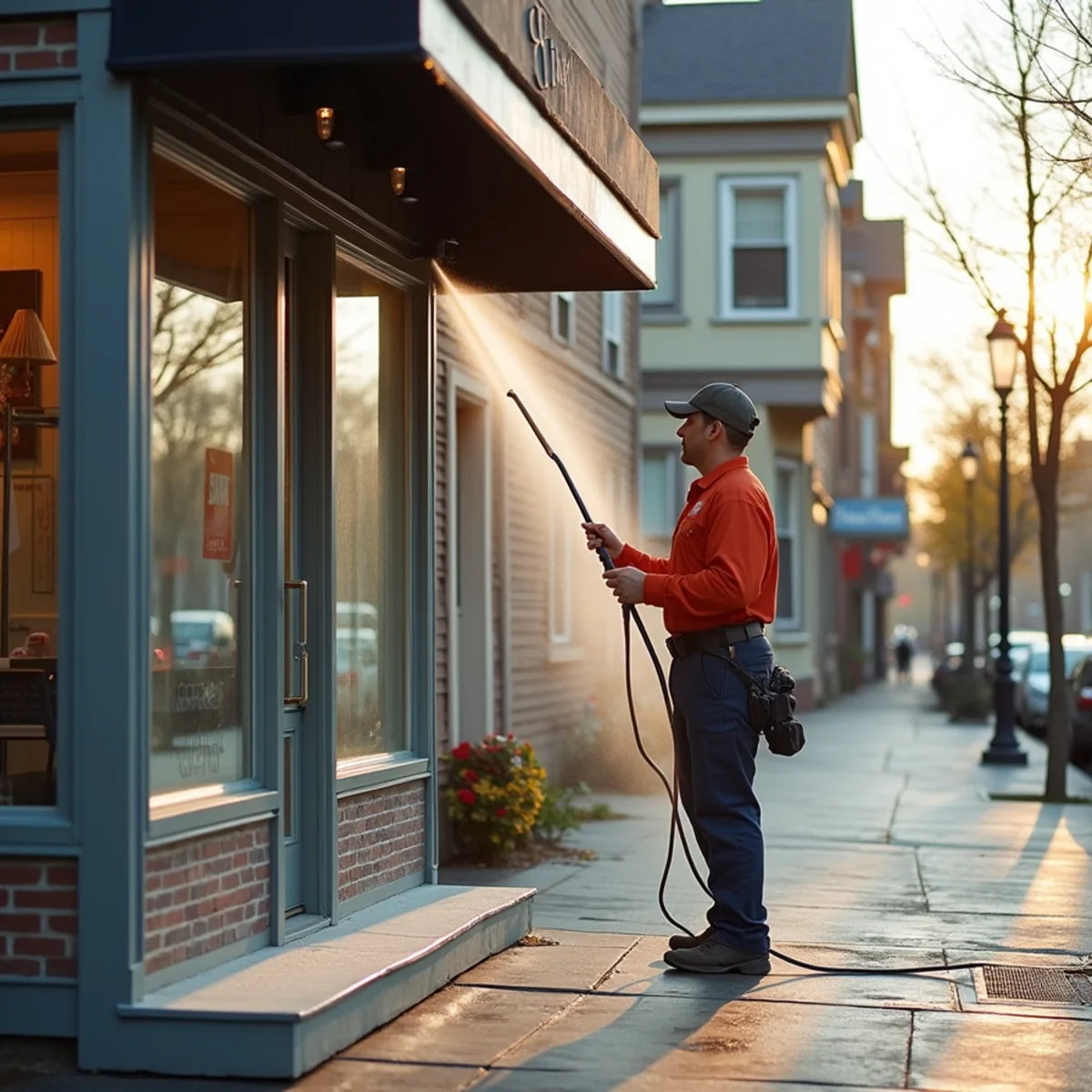 Cleaning the entrance and walkway of a tidy retail storefront in morning light.