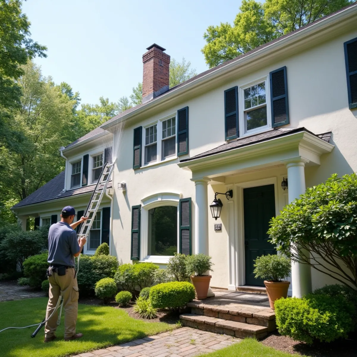 Soft washing a stucco house exterior at low pressure to remove mildew and staining.